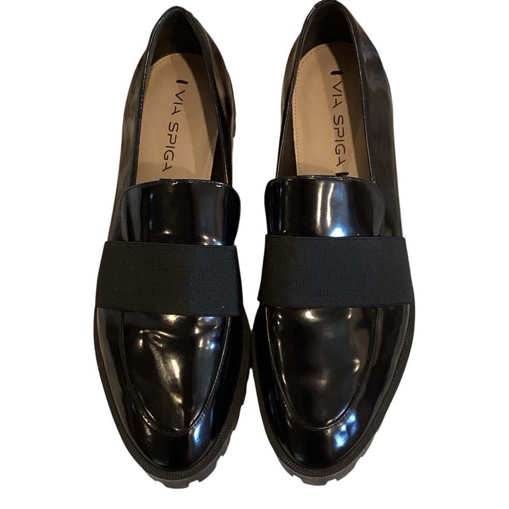 Via Spiga Galo Black Patent Leather Lug Sole Loafers, Size 8.5